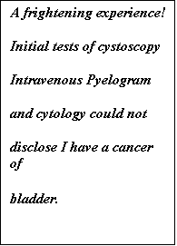 Text Box: A frightening experience!

Initial tests of cystoscopy

Intravenous Pyelogram

and cytology could not 

disclose I have a cancer of 

bladder. 
