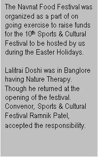 Text Box: The Navnat Food Festival was organized as a part of on going exercise to raise funds for the 10th Sports & Cultural Festival to be hosted by us during the Easter Holidays.

Lalitrai Doshi was in Banglore having Nature Therapy. Though he returned at the opening of the festival. Convenor, Sports & Cultural Festival Ramnik Patel, accepted the responsibility.
